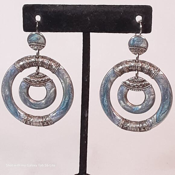 Bohemian Dangle Hoop Earrings Shimmery Blue Enamel Overly Antique Silver Tone - Picture 1 of 8